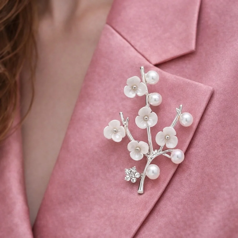 Cherry Blossom Silver Pearl Floral Brooch